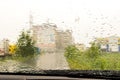 Raindrops on the windshield of the car, selective focus Royalty Free Stock Photo