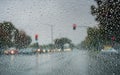 Raindrops on the windshield while driving on a rainy day during fall season, California Royalty Free Stock Photo