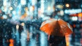 Raindrops, woman with umbrella and blured crowd of people in the city street. Rain in the night city with bokeh lights.