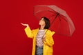 Rainfall concept. Happy young lady standing under umbrella and checking rain with outstretched hand, red background Royalty Free Stock Photo