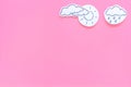 Rainfall forecast concept. Weather icons. Rainy cloud, lightening on pink background top view copy space