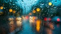 Rainfall view water droplets on car window reveal road ahead as rain falls outside Royalty Free Stock Photo