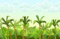 Rainforest background. Jungle trees. Cartoon fun style. Morning sky with clouds. Seamless landscape with palm tree Royalty Free Stock Photo