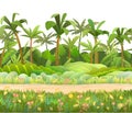 Rainforest background. Jungle trees. Cartoon fun style. The road through the blooming meadow. Garden hill. Isolated on