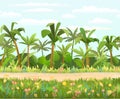 Rainforest background. Jungle trees. Cartoon fun style. Sky with clouds. Road through the blooming meadow. Seamless