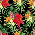 Rainforest flowers seamless pattern. Tropical flower leaves, tropic jungle plants and exotic floral branch vector background Royalty Free Stock Photo