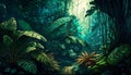 Rainforest graphic illustration. A horizontal shot of an overgrown tropical jungle. Large trees with vines and large plant leaves.