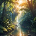 Rainforest and little river with crystal-clear water in wildlife, plants, flowers, athmospheric, cinematic, nature,  printable Royalty Free Stock Photo