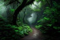 The rainforest\'s misty morning with dramatic pathway to infinite beauty