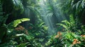 Rainforest scene with a variety of plant species, diverse ecosystem Royalty Free Stock Photo