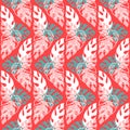 Rainforest seamless pattern on red background, palm leaf, trendy illustration for textile and wrapping paper
