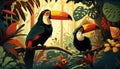 Rainforest with toucan, leaves and flowers. Illustration of a tropical background with colorful birds perched on a branch.