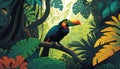 Rainforest with toucan, leaves and flowers. Illustration of a tropical background with colorful birds perched on a branch.