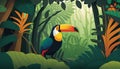 Rainforest with toucan, leaves and flowers. Illustration of a tropical background with colorful birds perched on a branch.