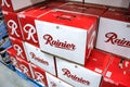 Rainier beer cases at store