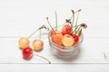 Rainier golden cherries, aged delicious berry. Diet dessert