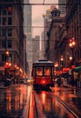 Rainy City Scape. Red Tram in the Rain. Generative AI.