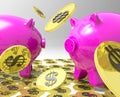 Raining Coins On Piggybanks Shows American Profit Royalty Free Stock Photo