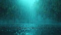 Raining at dark night, water drops falling on wet ground surface. Dark forest trees blurred in background with blue light beam. Royalty Free Stock Photo