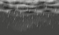 Raining day background. Wet weather, rainy sky with clouds and falling raindrops. Isolated rainfall overlay realistic