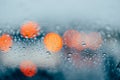 Raining day with traffic jams in evening road rainy season blur background. rain fall drops wet on car windshield glass Royalty Free Stock Photo