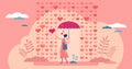 Raining hearts and love feeling or emotion scene flat tiny person concept.