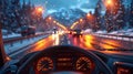 Raining road view from car driver sit, beautiful cars and street lights blur Royalty Free Stock Photo