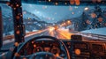 Raining road view from car driver sit, beautiful cars and street lights blur Royalty Free Stock Photo