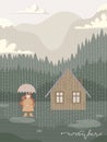 Raining vector illustration with girl and umbrella. Mountain cabin and November lettering Royalty Free Stock Photo