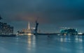 Raining view of skyline with landmark 81 skyscraper, a new cable-stayed bridge is building connecting Thu Thiem peninsula and Royalty Free Stock Photo