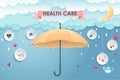 Rainy season with the health care of children. Cloud and rain on a blue background