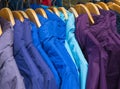 Rainproof jackets on a rack for sale. Royalty Free Stock Photo