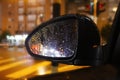 Rains in Israel, evening. Wet car side mirror