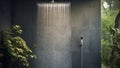 Rainshower modern design.Water flowing from shower, close up. Modern bathroom interior. Chrome shower head with Royalty Free Stock Photo