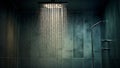 Rainshower modern design.Water flowing from shower, close up. Modern bathroom interior. Chrome shower head with Royalty Free Stock Photo