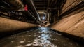 Rainsoaked underground leachate collection pipes efficiently transporting liquid waste through a complex drainage tunnel Royalty Free Stock Photo