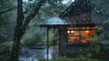 Through the rainspeckled glass a soft blur of a quaint retreat emerges surrounded by dripping trees and a hazy gray sky