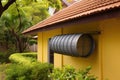 a rainwater collection barrel under the eaves of a bungalow Royalty Free Stock Photo