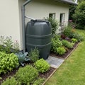 A rainwater collection system features a large dark green barrel connected