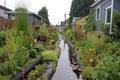 rainwater filtered through a garden bioswale Royalty Free Stock Photo
