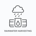 Rainwater harvesting flat line icon. Vector outline illustration of barrel, cloud and rain. Black thin linear pictogram