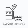 Rainwater harvesting flat line icon. Vector outline illustration of house and water tank. Black thin linear pictogram