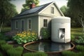 Rainwater harvesting, rainwater reusing, rainwater harvesting architecture, water collecting to barrel. generative ai.