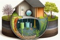 Rainwater harvesting system isometric diagram, illustrative diagram with water runoff from the roof by hose, underground pipeline Royalty Free Stock Photo