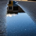 Rainwater puddle reflecting a blurred building facade on an asphalt surface. The Royalty Free Stock Photo
