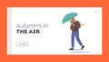 Rainy Autumn Landing Page Template. Drenched Passerby Male Character Walking at Rain with Smartphone and Umbrella