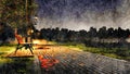 Rainy autumn night in park watercolor landscape