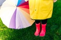 Yellow raincoat. Rubber pink boots against. Conceptual image of legs in boots on green grass. umbrella Royalty Free Stock Photo