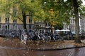 Rainy Autumn Scene with Old Buildings and Bikes in the Grachtengordel West Neighborhood of Amsterdam Royalty Free Stock Photo