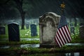 Rainy Cemetery Grave with American Flag. Memorial day. AI